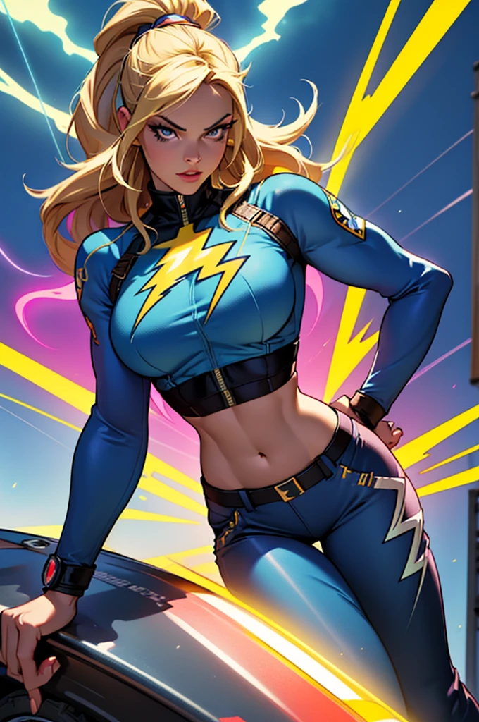 (best quality,4k,highres),popart poster,8k illustration,colorful,1girl as brigitte bardot with dark eye makeup,wearing midriff top and pants,vibrant colors, perfect anatomy, art style of popart,sharp focus.storm, Blue thunder, blue lightening, absorbed lightening, electric aura