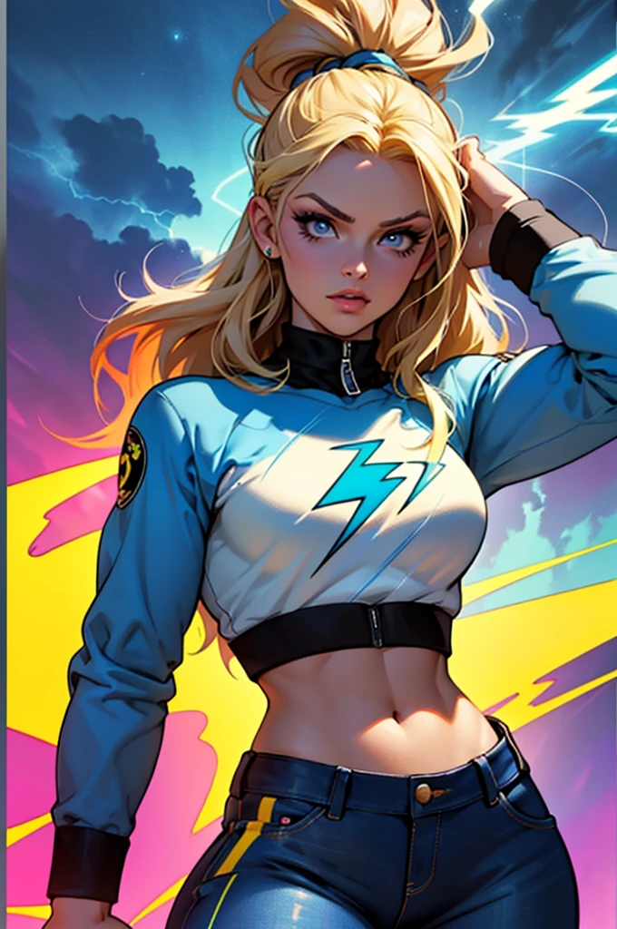 (best quality,4k,highres),popart poster,8k illustration,colorful,1girl as brigitte bardot with dark eye makeup,wearing midriff top and pants,vibrant colors, perfect anatomy, art style of popart,sharp focus.storm, Blue thunder, blue lightening, absorbed lightening, electric aura