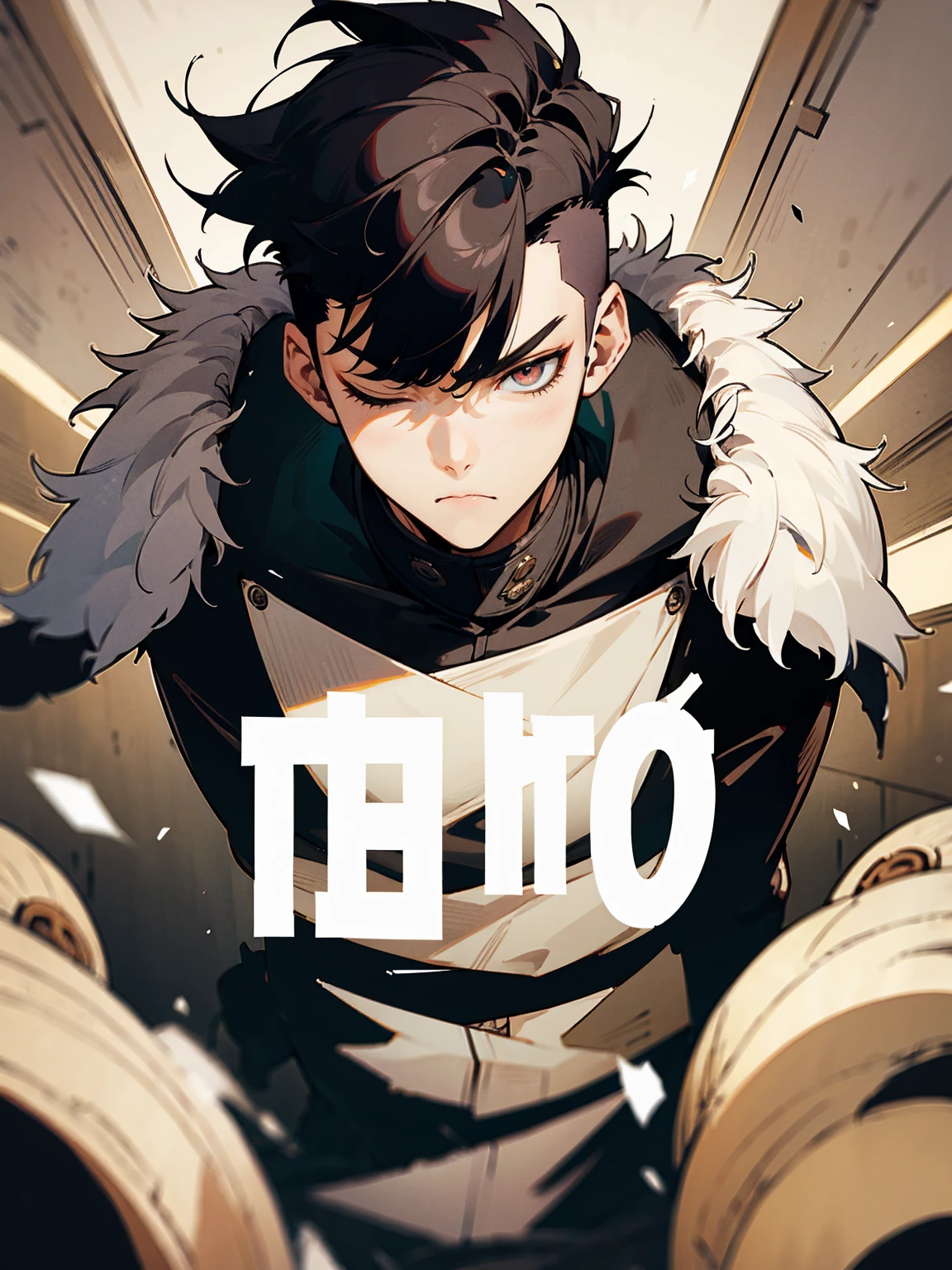 1male, black hair, bowlcut, modern undercut, oversized fur coat, eyes closed, laboratory, serious expression