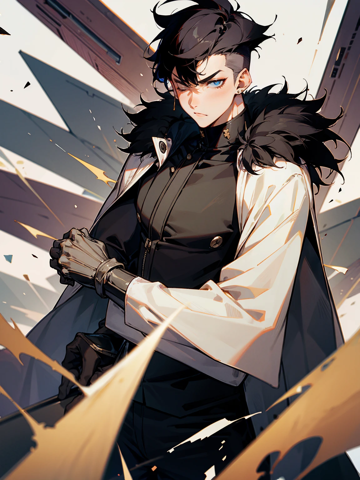 1male, black hair, bowlcut, modern undercut, oversized fur coat, eyes closed, laboratory, serious expression