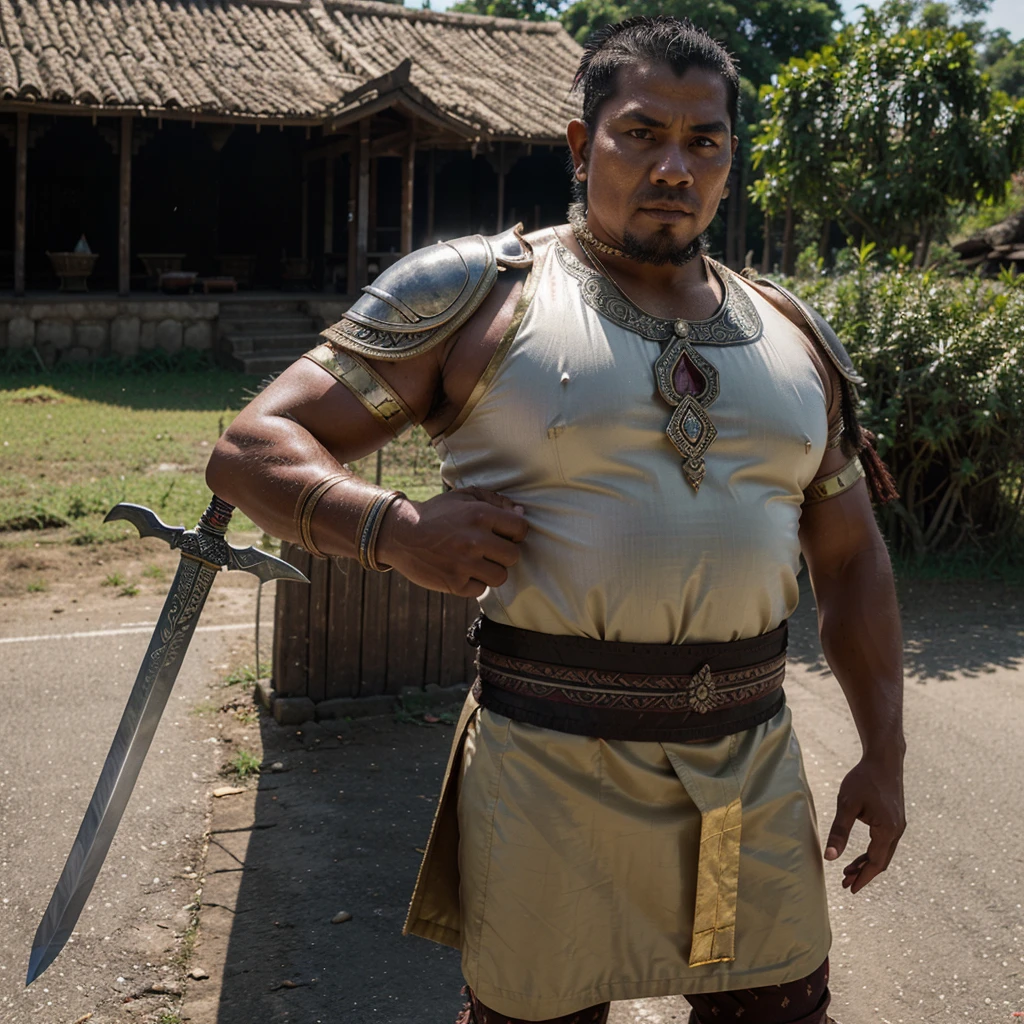 A burly  wearing Javanese Indonesian warrior clothes drags a long and large sword with both hands, his eyes are sharp, the background is on a rural road. Realistic photos. Real original photo. The color contrast is very sharp. The photo quality is clear and detailed. Glossy photo.