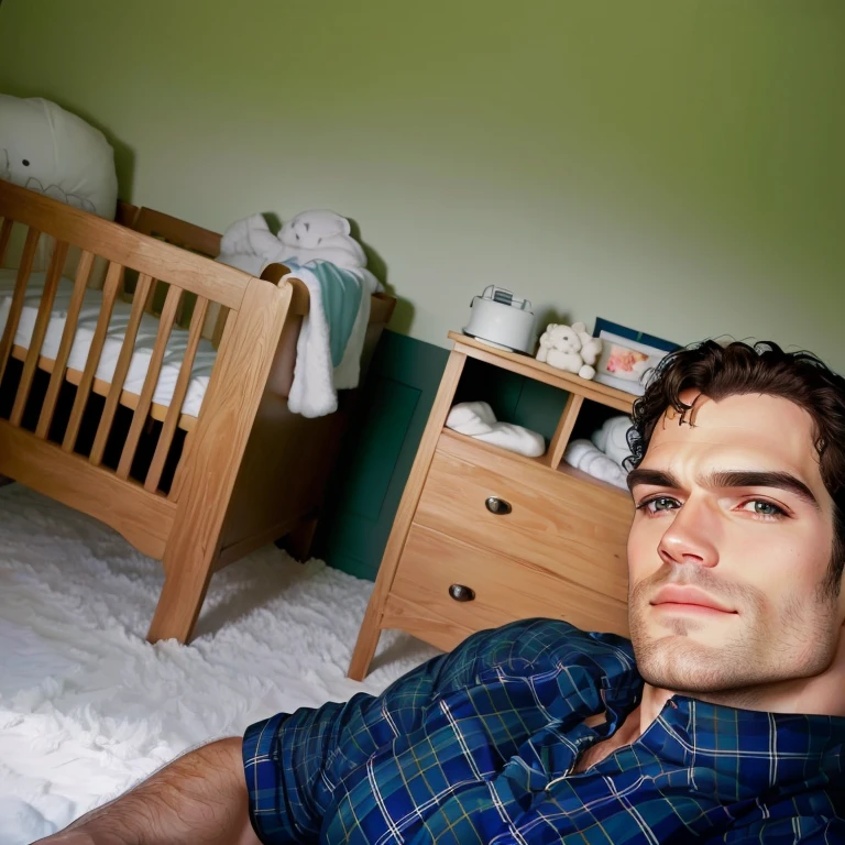 Henry Cavill is sitting with a crib and baby things in the background, Henry Cavill, Henry Cavill, Henry Cavill, Mi punto de vista, tiro promocional, imagen promocional, portrait of Henry Cavill, foto de perfil, looking defiantly into the camera, foto del iPhone