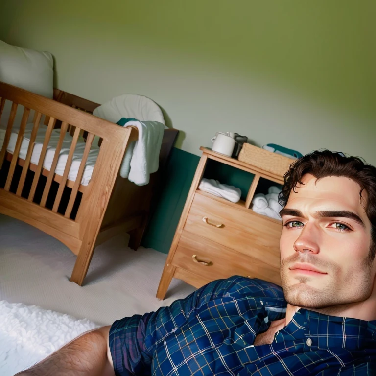 Henry Cavill is sitting with a crib and baby things in the background, Henry Cavill, Henry Cavill, Henry Cavill, Mi punto de vista, tiro promocional, imagen promocional, portrait of Henry Cavill, foto de perfil, looking defiantly into the camera, foto del iPhone