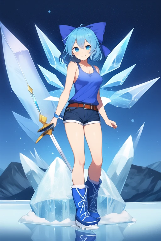1girl, Touhou, Cirno, blue eyes, Blue hair, smiling expresion, playful, cute, ice land background, frozen frogs, full body, wide shot, blue female tank top, blue female shorts, medium size breasts, top, blue belt, Ice boots, blue ribbon, Ice female knight, Ice sword, holding ice sword