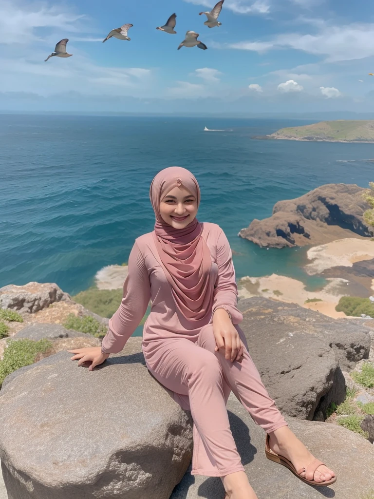 a woman wearing a hijab, smiling sweetly, posing sitting on a rock in pink casual clothes in the middle of the vast ocean, the sun is shining brightly and birds are flying in the sky