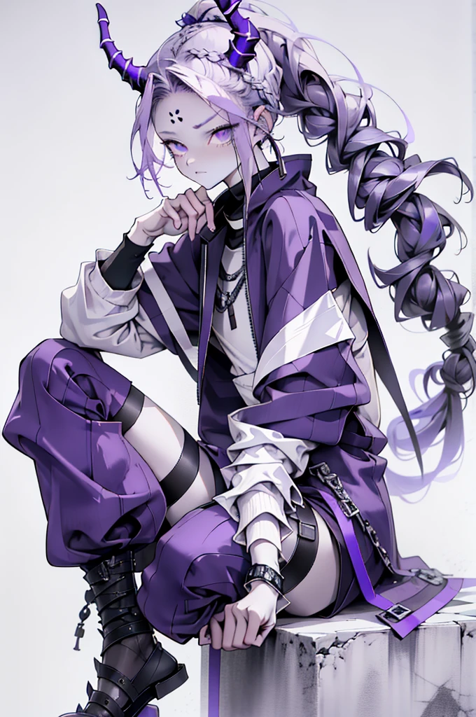 boy thoughtful look open forehead. white and purple hair braided in a ponytail on the left side to one side. sinuous black horns wrapped in dark purple ribbon. pale violet eyes. in short dark purple shorts. long white T-shirt. dark purple knee-high socks. white long coat with hood. black limit stone walls purple light from lamps sitting on the steps