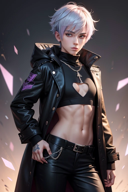 arafed non - binary model male, androgynous, androgynous femboy, beautiful androgynous femboy, androgyny, androgynous person, delicate androgynous prince, non binary model, beautiful androgynous prince, zac retz, lil peep, zero g pretty anime male with lilac hair and grey eyes, wolfcut hair, fluffy hair with bangs over eyes, deep navel, wearing black designer coat with studs, crop top and black pants with belt, fashionable, uzzlang male, techwear, navel tattoo