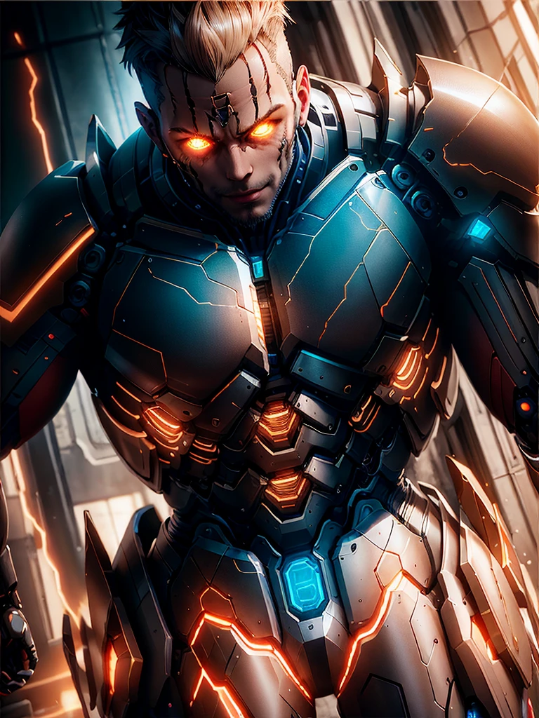 Full body of a person in cyborg mode, 1boy, anime character, undercut hair, Genos Combat mode, Genos from one punch man, shining eyes, epic batlle pose, dinamic lighting, The body emits electric sparks, electrical particle, battlefield smoke electrical fire background, badass anime character 8 k, anime mecha aesthetic, black and metalic gold armor cyborg, detailed key anime art, one punch man manga, highly detailed Cyborg, hyper realistic