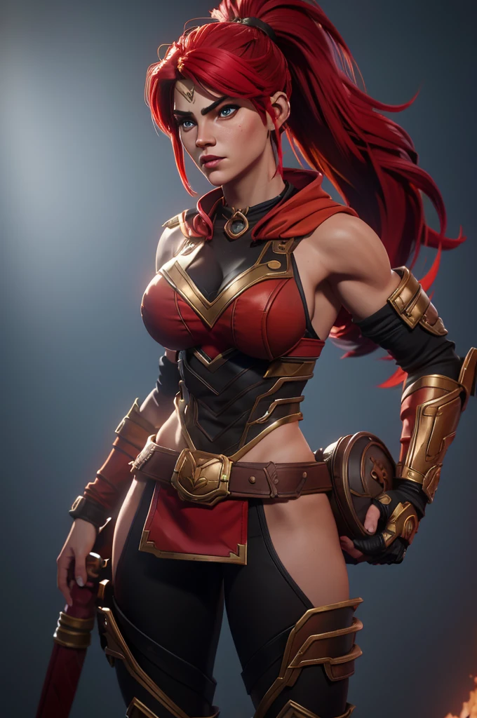 A muscular female warrior battle chasers nightwar red monika with red hair in a high ponytail, wearing a red and gold armored outfit. Her costume includes a form-fitting top and large shoulder guards, with a dark cloak around her neck. The background is dark with orange , adding a dramatic effect. JoeMAD2023,1girl, Red_Monica_v2, large breasts, action pose, 8k, uhd, best quality, cartoon, armor, trending on artstation, vibrant colors, epic fantasy, comic style,red hair, ancient city, toned body, abs,