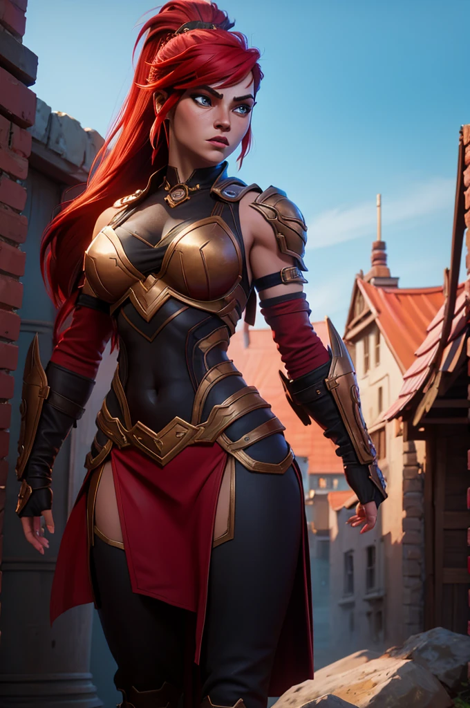A muscular female warrior battle chasers nightwar red monika with red hair in a high ponytail, wearing a red and gold armored outfit. Her costume includes a form-fitting top and large shoulder guards, with a dark cloak around her neck. The background is dark with orange , adding a dramatic effect. JoeMAD2023,1girl, Red_Monica_v2, large breasts, action pose, 8k, uhd, best quality, cartoon, armor, trending on artstation, vibrant colors, epic fantasy, comic style,red hair, ancient city, toned body, abs,
