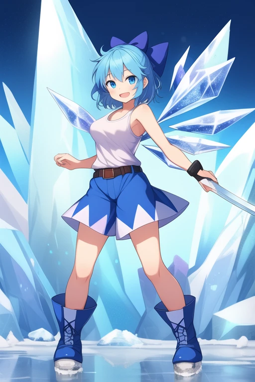 1girl, Touhou, Cirno, blue eyes, Blue hair, smiling expresion, playful, cute, ice land background, frozen frogs, full body, wide shot, blue female tank top, blue female shorts, medium size breasts, top, blue belt, Ice boots, blue ribbon, Ice female knight, Ice sword, wielding ice sword