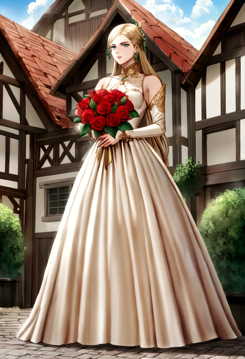 linda, Nippon brasileira, 25 anos, olhos azul detalhados cabelos negro liso curto fraja, corpo de modelo desenvoldo, corpo bonito elegante face bonita jovem , com ar de santidade, sorrindo, seeing the sky, usando um vestido comprido e folgado vermelho e sapatos branco, hugging with bouquet of red roses, brancas, golden gilts with great joy in a German village