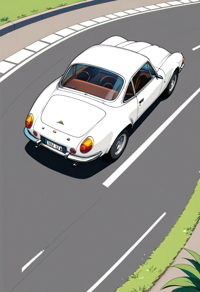 Create a sequence of 6 sprites that show the rear view of a classic white sports car, virando. O fundo de cada sprite deve ser branco.
**Specific Details:**
1. **Sprite 1:**
- The car is in the starting position, diretamente de costas, reto na estrada.
2. **Sprite 2:**
- The car starts to turn right.
3. **Sprite 3:**
- A curva do carro se acentua mais.
4. **Sprite 4:**
- The car is halfway around the curve.
- The rear wheels begin to follow the direction of the front.
- The car body is clearly tilted to the right.
5. **Sprite 5:**
- The car is almost completing the curve.
6. **Sprite 6:**
- The car has completed the turn and is leaving the screen to the right.
