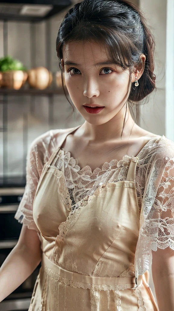 (1girl), Super beautiful detailed face, (Slightly open mouth, sexy look:1.1), (Beautiful breasts:1.3), (Slender body:1.2), (naked sheer lace apron:1.4), side breasts, (Fine face:1.2), accessories, earrings, conceptual art, High quality, Realistic, extremely detailed CG unified 8k wallpaper, highly detailed, High-definition raw color photos, professional photography, Realistic portrait, Cinematic Light, Beautiful detailed, high details, depth of fields, illumination, Super stylish lighting, face lighting, Luxurious dining kitchen, lots of fancy dishes,