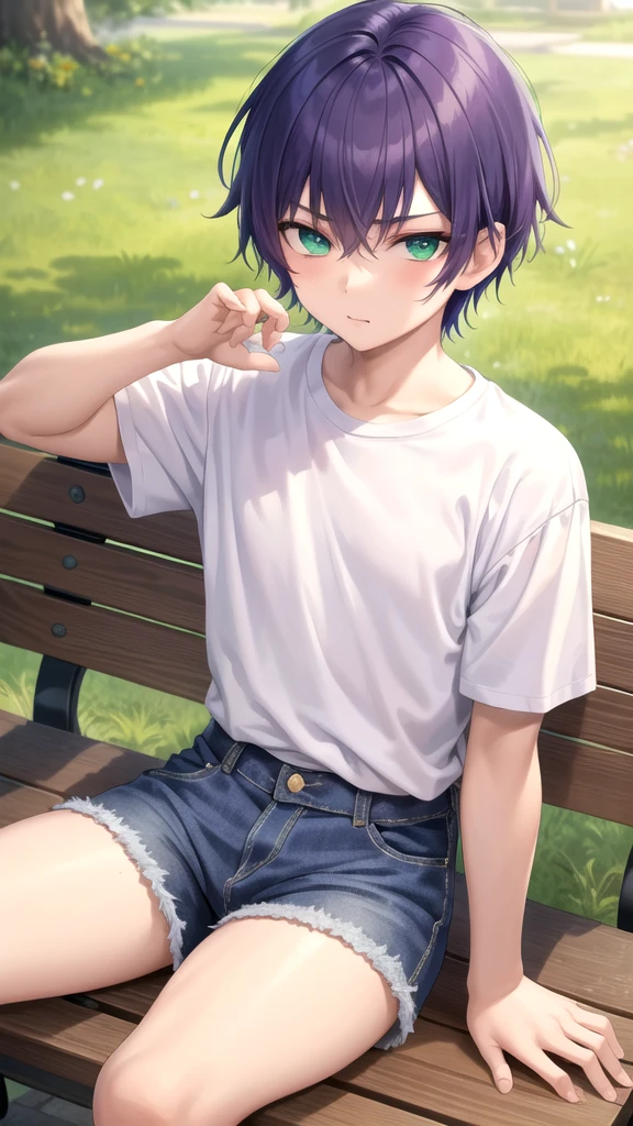 masterpiece, best quality, high quality, 1boy, solo, 14-year-old boy,evil boy,male focus, looking at viewer , purple hair, old-school swoop haircut,white shirt with short sleeves,blue jean shorts, green eyes, sitting on a bench
