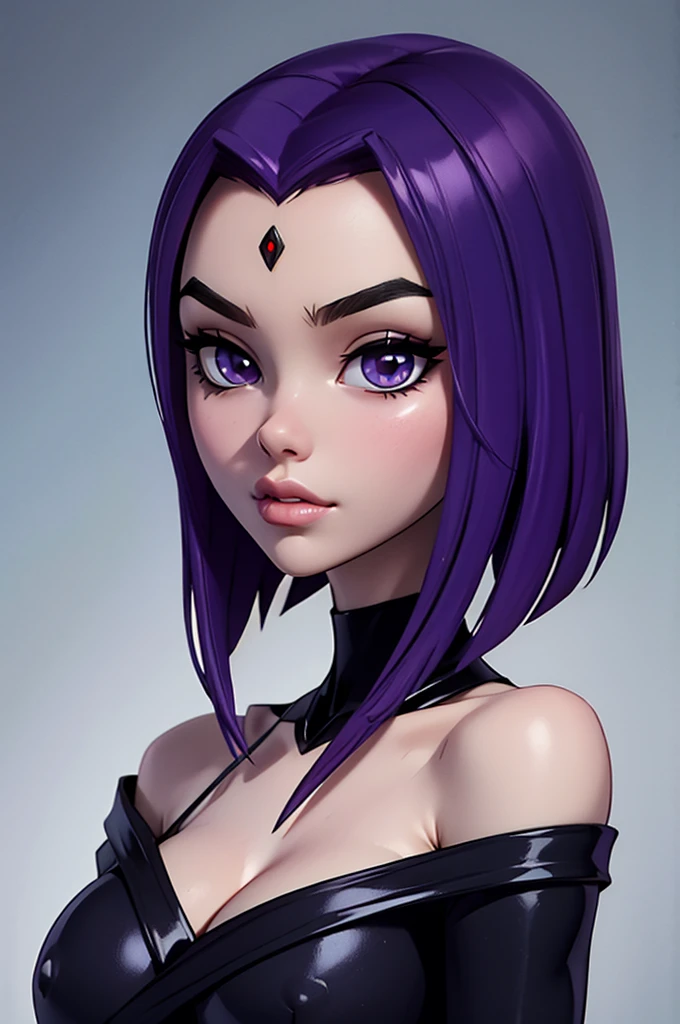 A mid shot of Raven, Titans Raven, slender slim body, skinny waist, arched back, pale grey skin, red gemstone in the centre of her forehead, looking at viewer, seductive, (realistic), (masterpiece), (highly detailed face), thick eyebrows, big juicy purple lips, lip filler, cheekbones, defined face, sharp nose, attractive