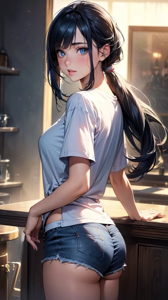 (best quality,4k,8k,highres,masterpiece:1.2),ultra-detailed,(realistic,photorealistic,photo-realistic:1.37),HDR,UHD,studio lighting,ultra-fine painting,sharp focus,physically-based rendering,extreme detail description,professional,vivid colors,bokeh,portraits,anime,photography,pink tones,warm lighting 1girl, solo, detailed eyes, detailed lips, extremely detailed eyes and face, long eyelashes, long dark blue hair in a ponytail with side bangs, small , in an oversized anime T-shirt, blue booty shorts, long socks,