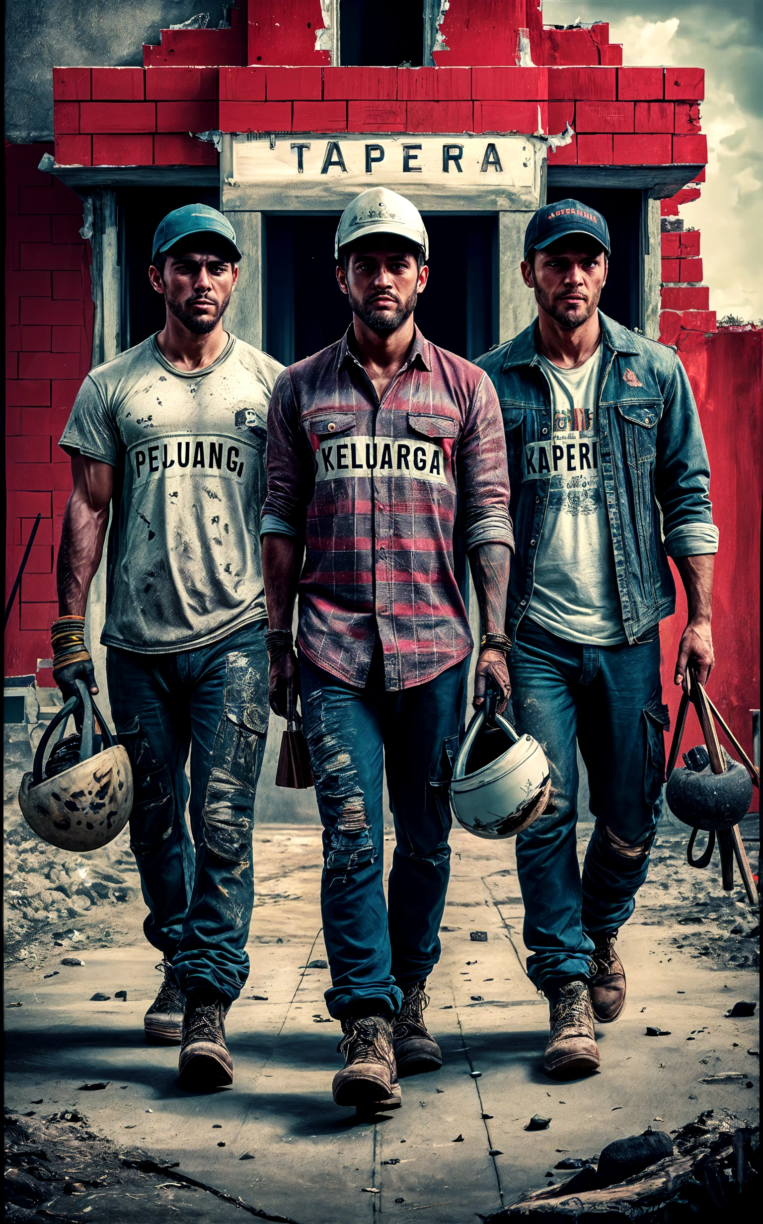 Generate a mobile size wallpaper of 3 men. The have their number tattoo like 01 , 03 , 08 respectively on their chest . Ensure that their tattoo are visible clearly. The 01 number men 
are sitting on the roof of old blue dacia car and smoking a cigarette  in up head style. One of them is standing at left side of car and other one is on right side with guns. TOXIC are printed on the car number plate .This are are situated in infected area.