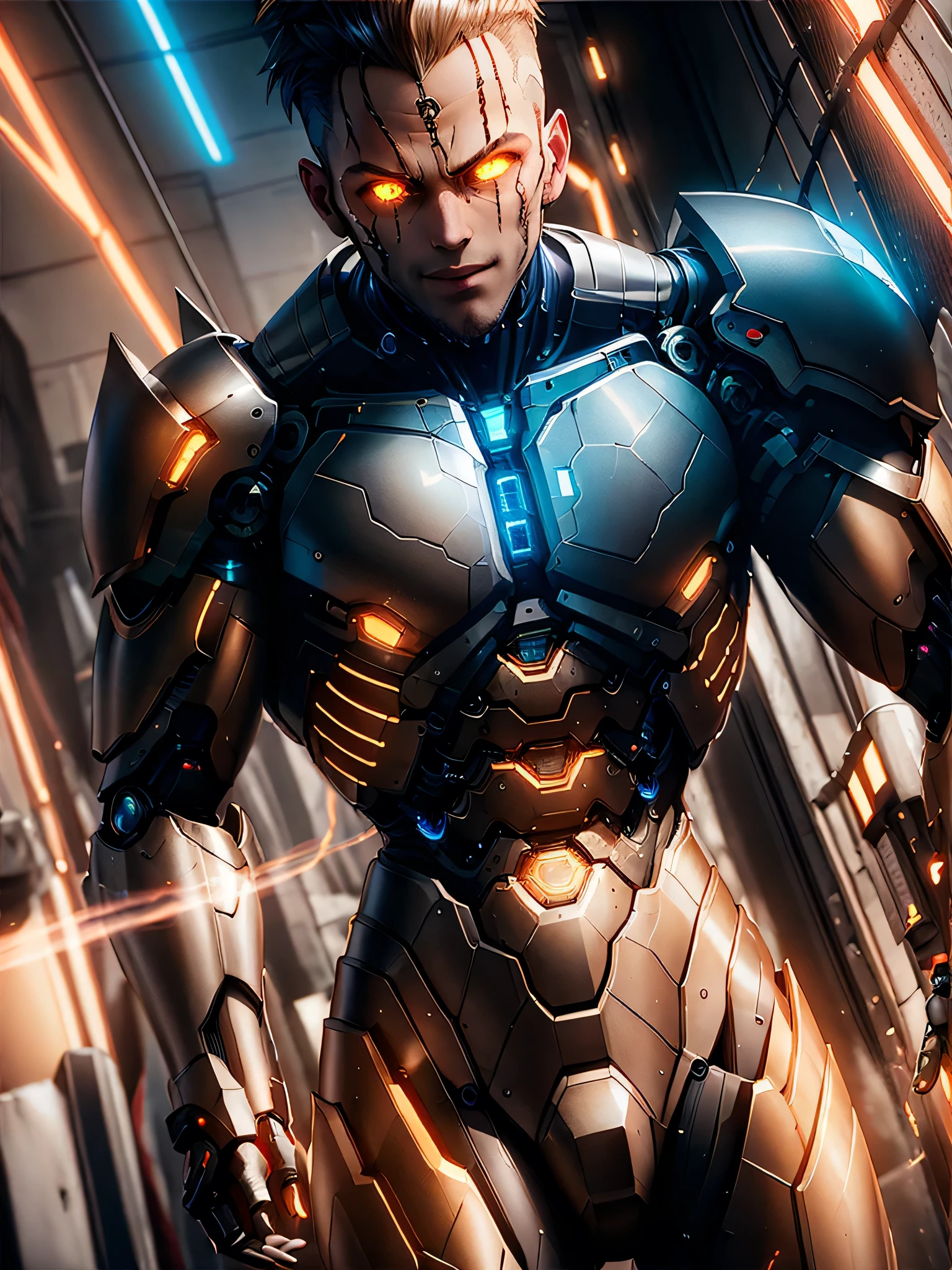 Full body of a person in cyborg mode, 1boy, anime character, undercut hair, Genos Combat mode, Genos from one punch man, shining eyes, epic batlle pose, dinamic lighting, The body emits electric sparks, electrical particle, battlefield smoke electrical fire background, badass anime character 8 k, anime mecha aesthetic, black and metalic gold armor cyborg, detailed key anime art, one punch man manga, highly detailed Cyborg, hyper realistic