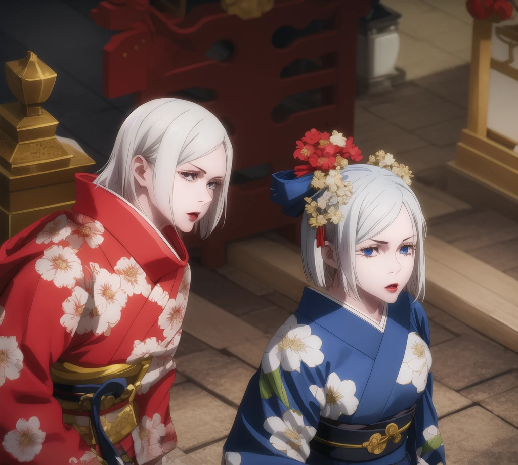 1 girl, single girl, cute, long white hair with Japanese decorations, blue eyes, impassive face, red kimono with gold flower print, red lips, in a Japanese temple, gege akutami illustration,