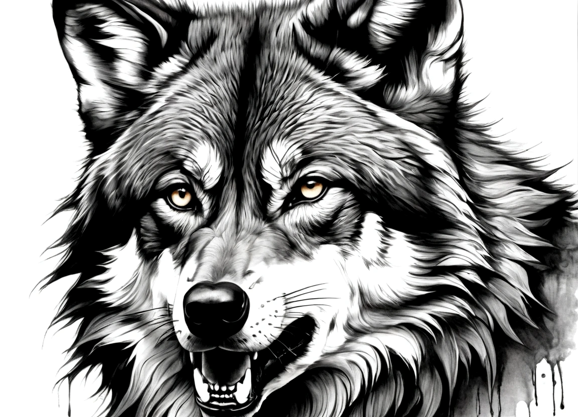 Black and gray realistic wolf tattoo art, sketch effect, mouth open, very fierce, side profile