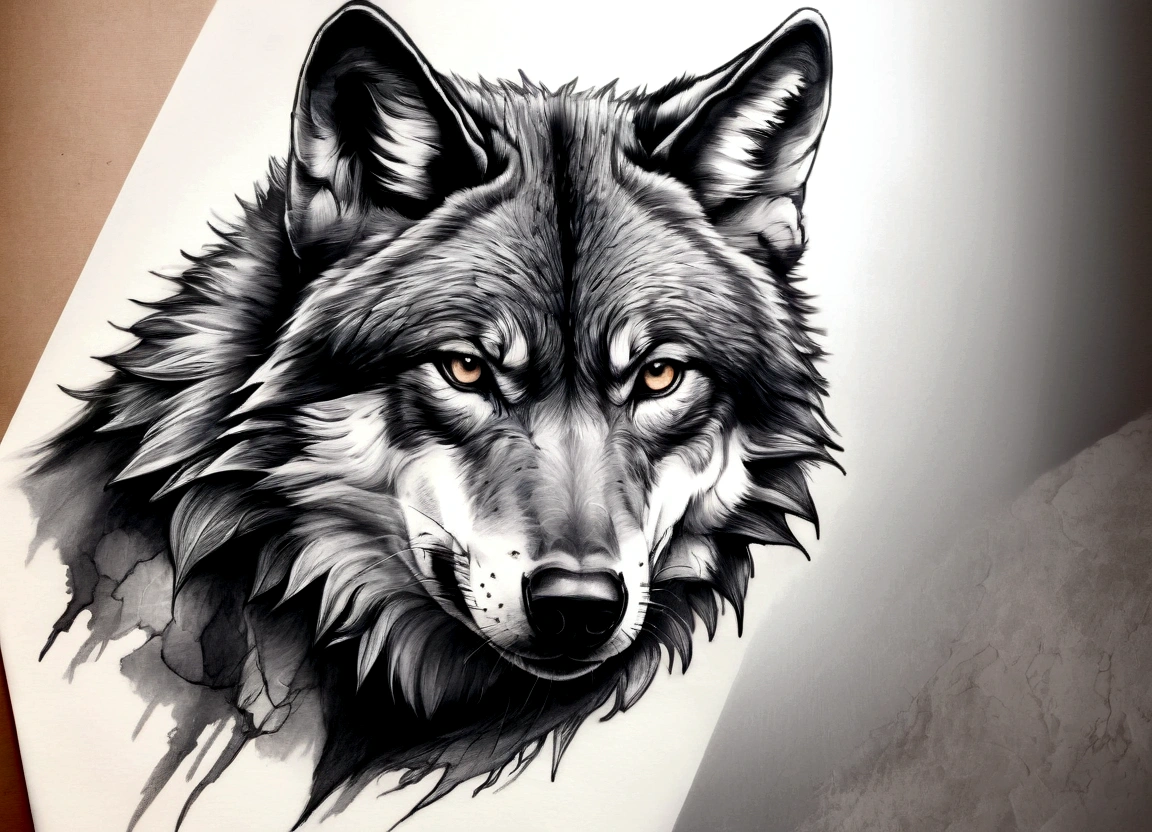 Black and gray realistic wolf tattoo art, sketch effect, mouth open, very fierce, side profile