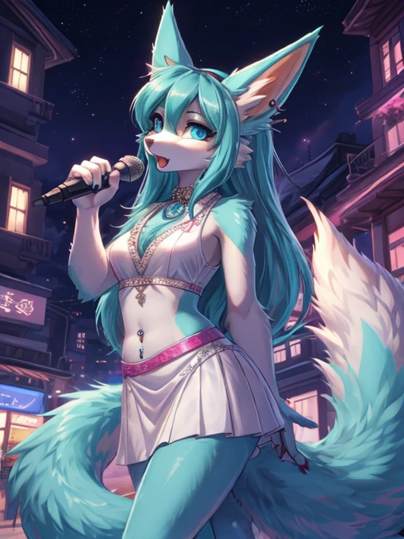 Chica anime,tennage girl 18 years old, anime style, cute hatsune miku x suicune, shy girl , Orejas de Kitsune, arte de dark natasha, city landscape, arte de vixen aztra, cuerpo completo, patas hermosas, cintura delgada, caderas amplias, navel white blouse, white&pink skirt, navel piercing, ear piercing, navel tattoo, atrevid pose, back pose, fluffly tail, sensual eyes (la mejor definicion) long hair, black flash, city party, city night life, party girl, idol girl, girl with microphone singing, deep blue eyes (HD), white&pink dress, super mega star idol, aura pura, silueta de luz, silueta radiante de luz dorada