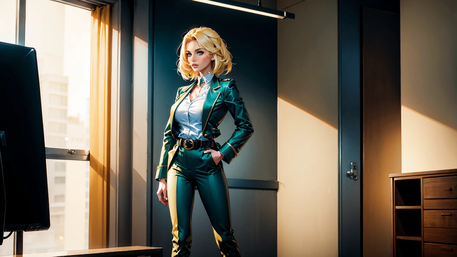 woman, blond Double space Ban Haircut with blonde hair extension, blue eyes,oliv green Blazer Uniform, belt, Black boots, standing in a office