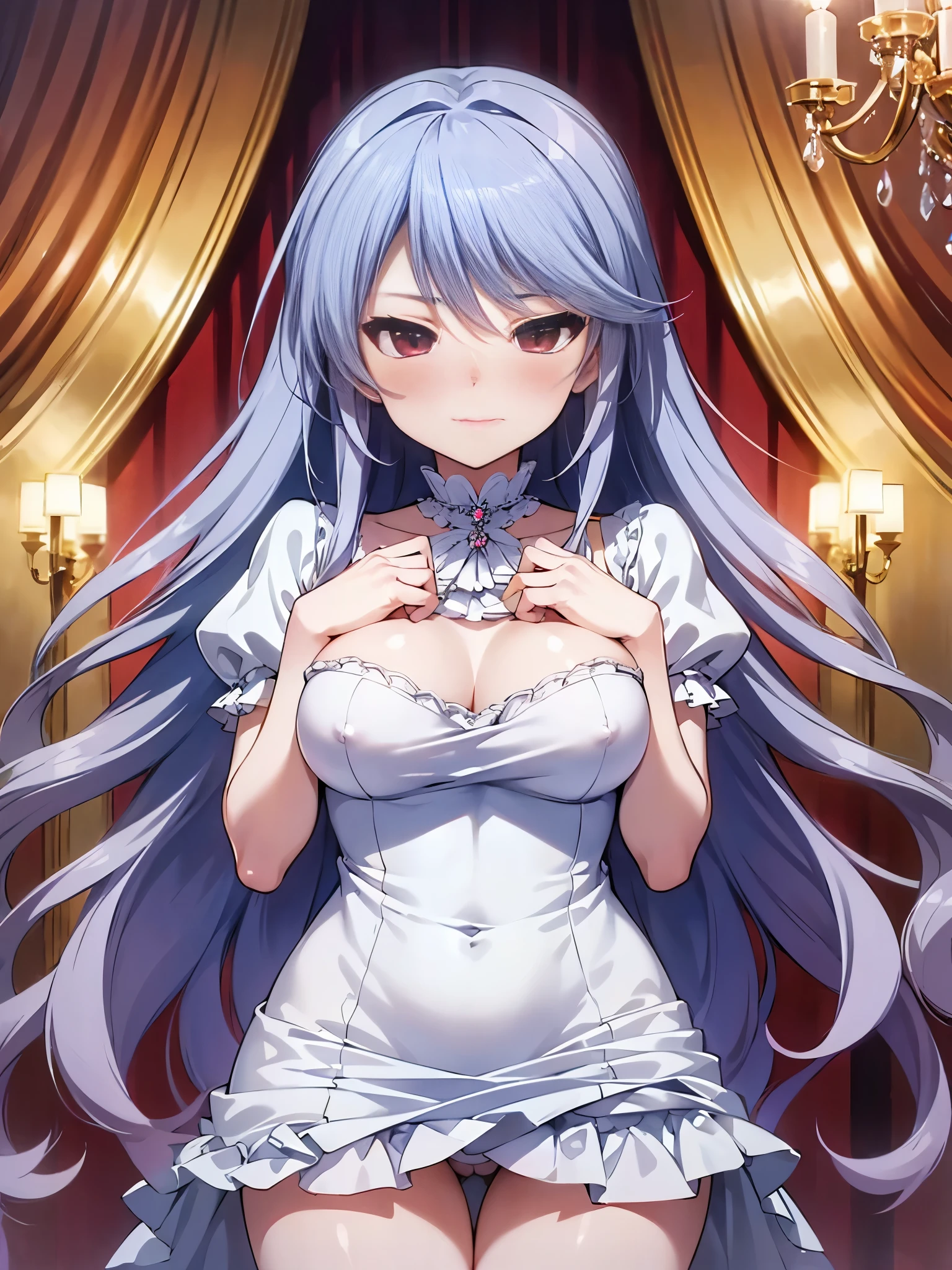 NSFW,Kazuki Kazami、Silver Hair、Long Hair、Red Eye、(High-quality tight dress:1.5),(Perfect hands),(Perfect Anatomy),(masterpiece),(Highest quality),Embarrassed,blush,Luxurious mansion,chandelier