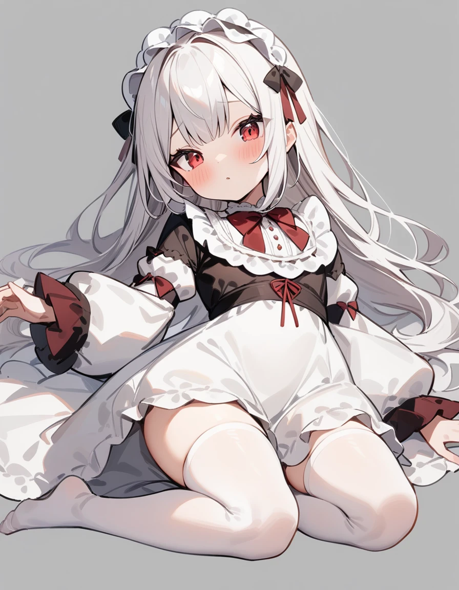 (masterpiece), (best quality), simple background, kneeling, 1girl, white hair, red eyes, loli, white stockings, lolita, lying down, legs open