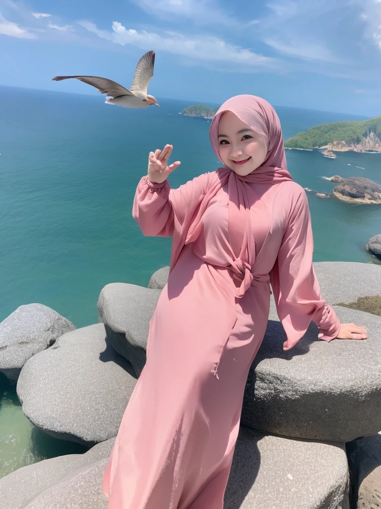 a thai woman wearing a hijab, smiling sweetly, posing sitting on a rock in pink casual clothes in the middle of the vast ocean, the sun is shining brightly and birds are flying in the sky, very beautiful women, elegant dress,