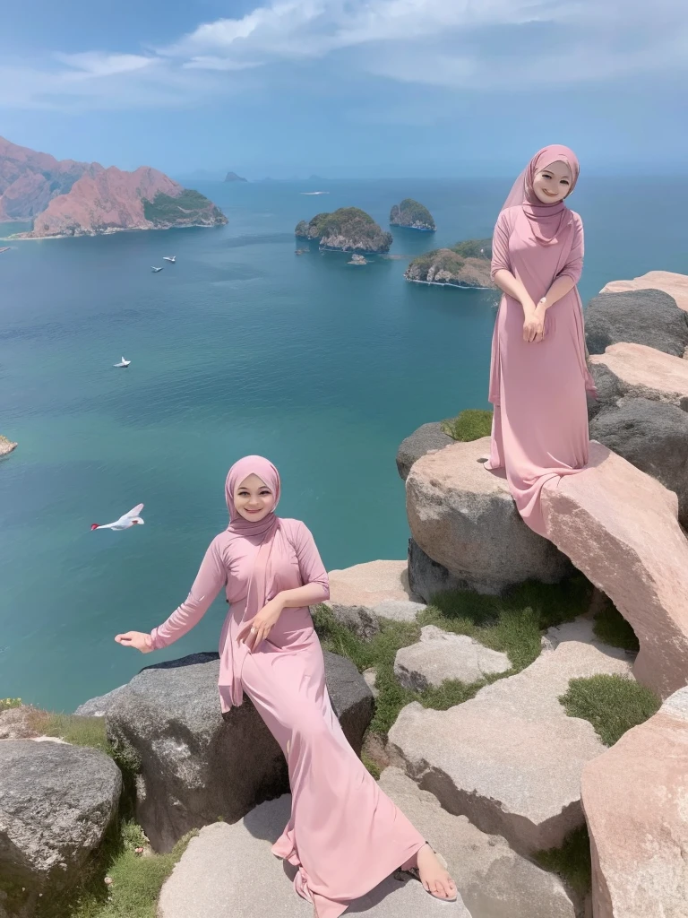 a thai woman wearing a hijab, smiling sweetly, posing sitting on a rock in pink casual clothes in the middle of the vast ocean, the sun is shining brightly and birds are flying in the sky, very beautiful women, elegant dress, 