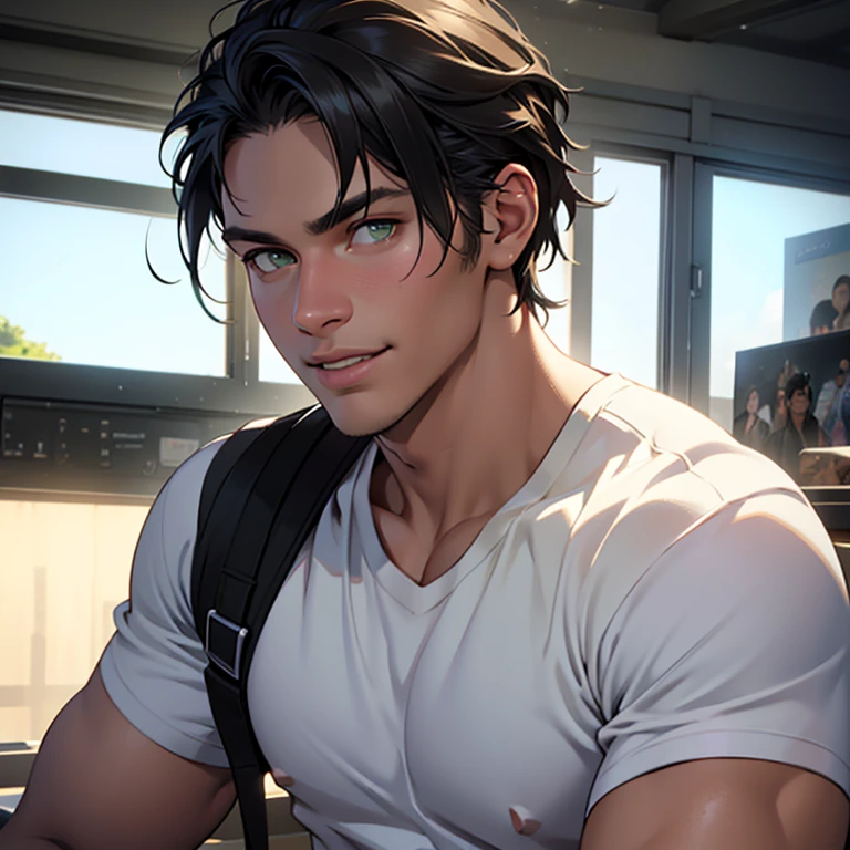 1 handsome young man in his early 20s, green eyes, olive skin, mid length black hair combed to one side, playful smile, tall, athletic body, white t shirt, cargo pants, (best quality,8k,highres,masterpiece:1.2),ultra-detailed,(realistic,photorealistic,photo-realistic:1.37),portrait,studio lighting,sharp focus,physically-based rendering,vivid colors,warm lighting