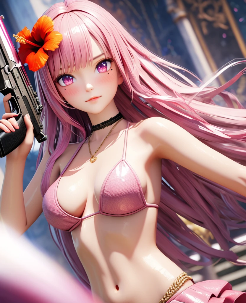 masterpiece,highest quality, Very detailed, High resolution, expensive resolution, High resolution, 4K, 8k, unity 8k wallpaper, Very detailed CG, masterpiece, 2D, 3D, Beautiful details, depth, Fine texture , highest quality: 1.3, Fully focused, Crispy.skin, .he,
Very cute anime girl 、bikini、Large Breasts、Pink medium-long hair wearing expensive , Two Girls、Holding a gun, Mole under the eye, looking at the viewer , expensive , blush, Mole, Lips parted, Hibiscus Hair Accessories, heart, Pink Eyes, choker