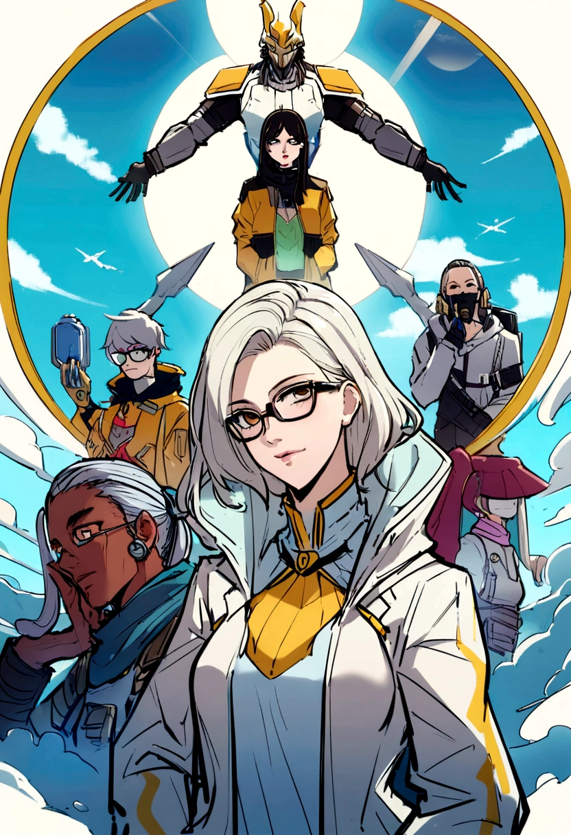 Obra de arte, melhor qualidade, , (Sozinho), 1 garota, olho para cima, luz difusa, , Horizon_(apex legends), glasses, olhos azuis, cabelo castanho, manoplas, armadura de ombro, Hat, (sardas:0.5), , (science_fiction), ao ar livre, rua, luzes de neon, ciberpunk,