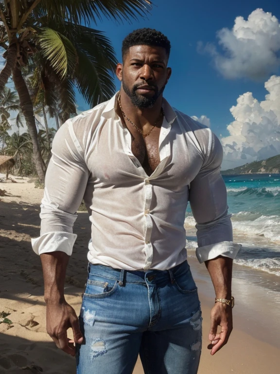 A muscular black man on vacation, realistic photo, hairy body, alpha male, (forty year old), huge biceps, ripped abs, shaggy black hair, jeans, unbuttoned white shirt with abs showing, caribbean sunny morning, white sand beach, smirking, 4k, high detailed, beautiful, art by Stanley artgerm, by Daniel f gerhartz, by pino daeni, highly detailed, sharp focus.