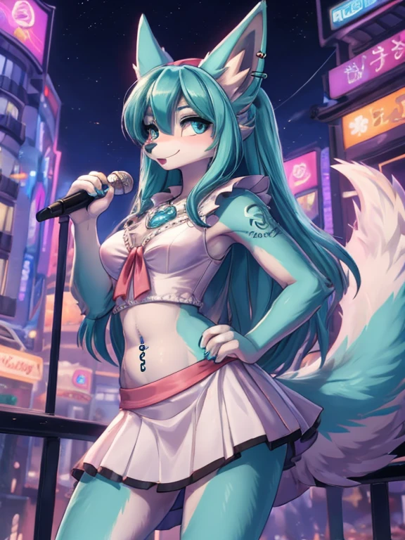 Chica anime,tennage girl 18 years old, anime style, cute hatsune miku x suicune, shy girl , Orejas de Kitsune, arte de dark natasha, city landscape, arte de vixen aztra, cuerpo completo, patas hermosas, cintura delgada, caderas amplias, navel white blouse, white&pink skirt, navel piercing, ear piercing, navel tattoo, atrevid pose, back pose, fluffly tail, sensual eyes (la mejor definicion) long hair, black flash, city party, city night life, party girl, idol girl, girl with microphone singing, deep blue eyes (HD), white&pink dress, super mega star idol, aura pura, silueta de luz, silueta radiante de luz dorada