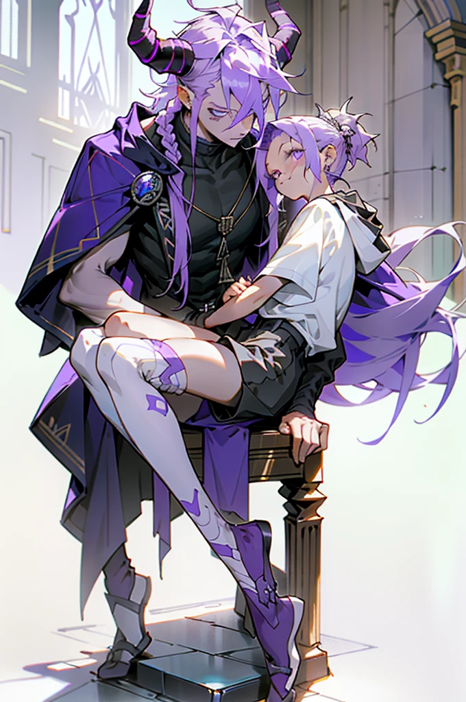 boy thoughtful look open forehead. white and purple hair braided in a ponytail on the left side to one side. sinuous black horns wrapped in dark purple ribbon. pale violet eyes. in short dark purple shorts. long white T-shirt. dark purple knee-high socks. white long coat with hood. black limit stone walls purple light from lamps sitting on the steps