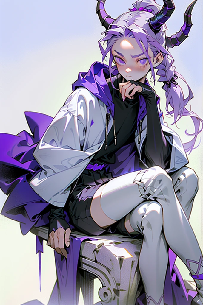 boy thoughtful look open forehead. white and purple hair braided in a ponytail on the left side to one side. sinuous black horns wrapped in dark purple ribbon. pale violet eyes. in short dark purple shorts. long white T-shirt. dark purple knee-high socks. white long coat with hood. black limit stone walls purple light from lamps sitting on the steps