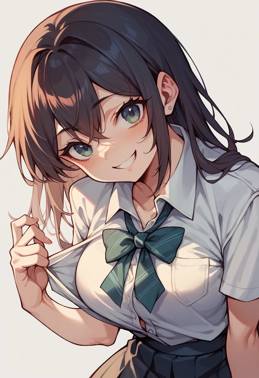 School bully girl, anime style, sexy smile, opening her shir