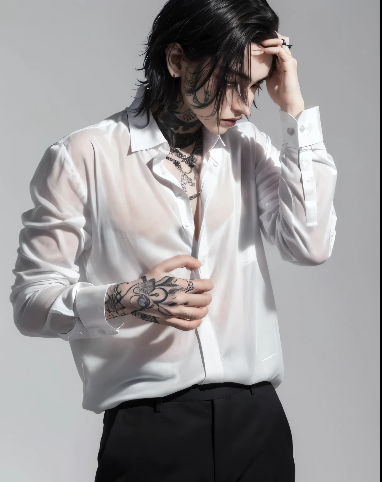 arafed male in a white shirt and black pants with tattoos, androgyny, androgynous person, androgynous male, androgynous, delicate androgynous prince, clothed in white shirt, frank dillane, wearing white shirt, beautiful androgynous prince, wearing a white shirt, press shot, photo from a promo shoot, arian mark