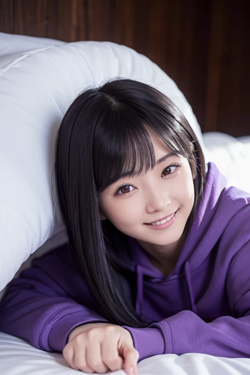 ((masterpiece, Highest quality)), (One Woman), (alone), (Focus on women), (Black Hair), (Medium Hair), (Purple hoodie), (mature), (23 years old), (Staring here), Smiling faintly, Lying in bed
