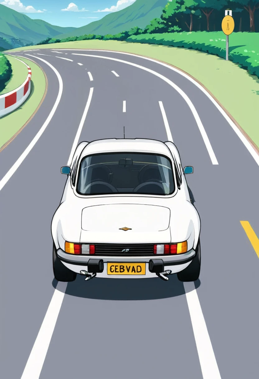 Create a sequence of 6 sprites that show the rear view of a classic white sports car, virando. O fundo de cada sprite deve ser branco.
1. **Sprite 1:**
- The car is in the starting position, diretamente de costas, reto na estrada.
2. **Sprite 2:**
- The car starts to turn right.
3. **Sprite 3:**
- A curva do carro se acentua mais.
4. **Sprite 4:**
- The car is halfway around the curve.
5. **Sprite 5:**
- The car is almost completing the curve.
6. **Sprite 6:**
- The car has completed the turn and is leaving the screen to the right.
