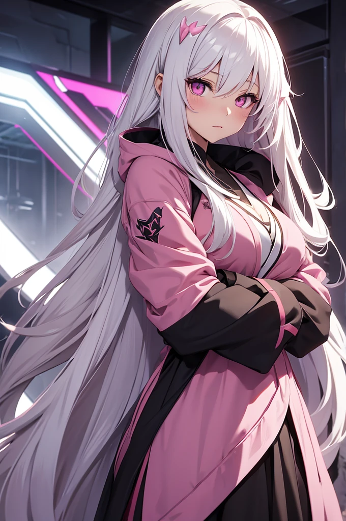 anime girl with long white hair, pink eyes, busty, hoodie, robes, dark fantasy style