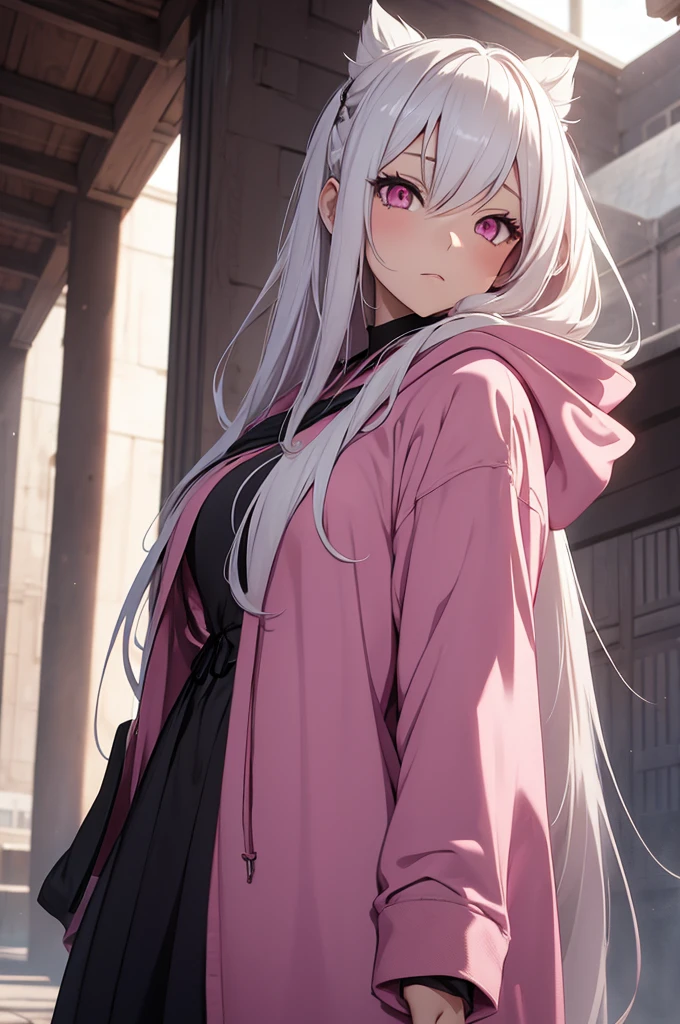 anime girl with long white hair, pink eyes, busty, hoodie, robes, dark fantasy style