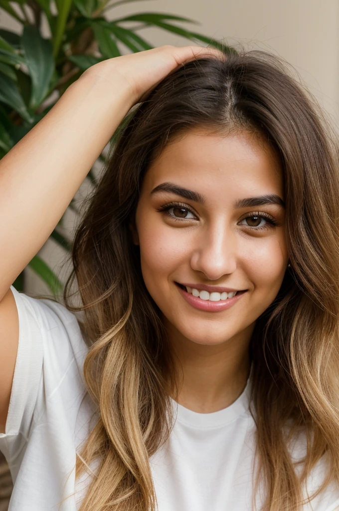 24YO, small nose, one attractive Jordanian women, light neon shirt, cute smile, cute face, white teethes, skinny face, light brown eyes,  black/blonde long hair