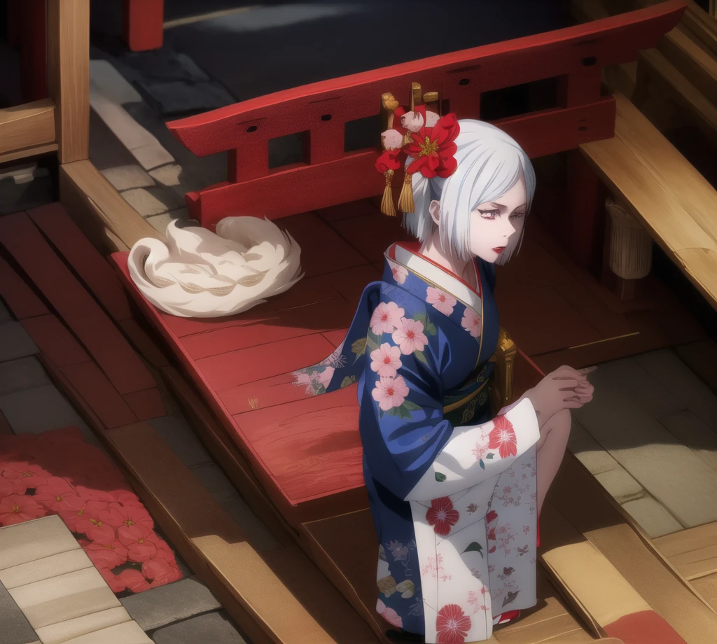 1 girl, cute, long white hair with Japanese decorations, blue eyes, impassive face, red kimono with gold flower print, red lips, in a Japanese temple, gege akutami illustration,