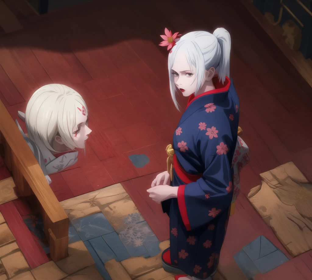 1 girl, cute, long white hair with Japanese decorations, blue eyes, impassive face, red kimono with gold flower print, red lips, in a Japanese temple, gege akutami illustration,
