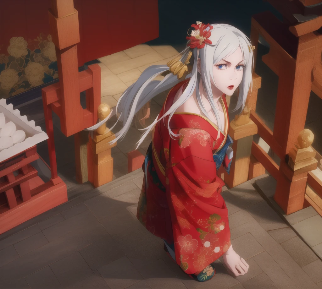 1 girl, cute, long white hair with Japanese decorations, blue eyes, impassive face, red kimono with gold flower print, red lips, in a Japanese temple, gege akutami illustration,