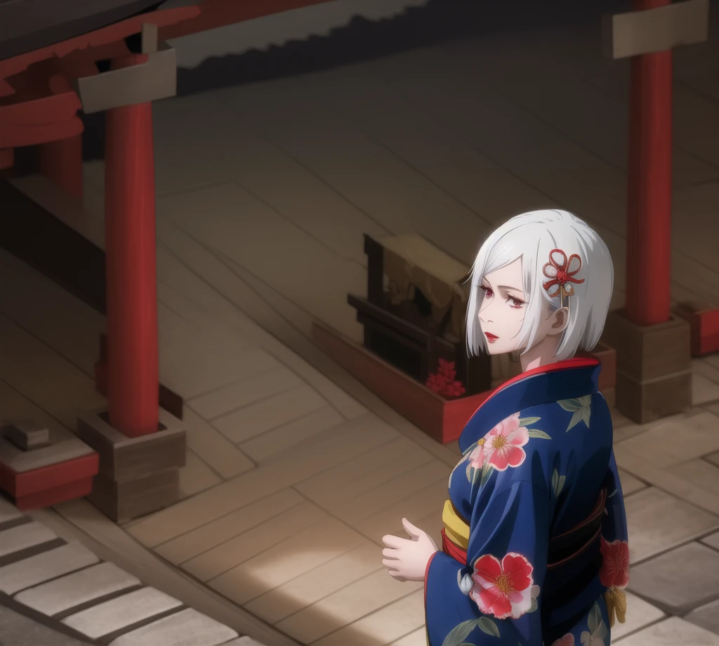 1 girl, cute, long white hair with Japanese decorations, blue eyes, impassive face, red kimono with gold flower print, red lips, in a Japanese temple, gege akutami illustration,